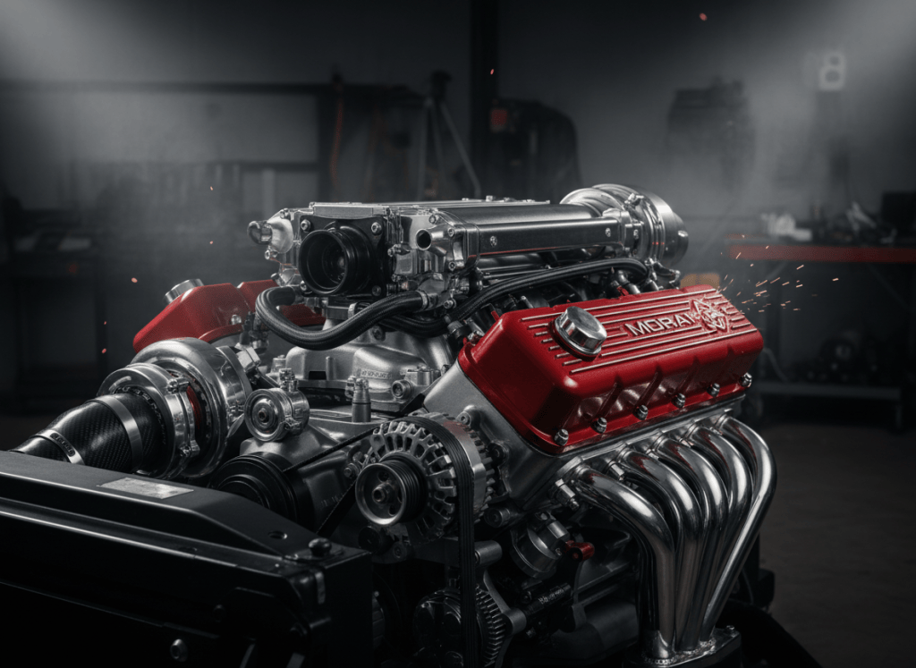 Close-up of a red performance car engine with chrome and black parts, dramatic lighting, automotive photography